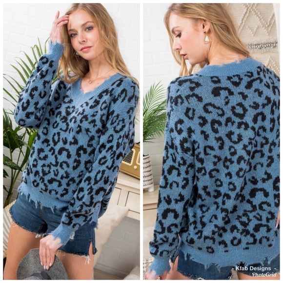🛍LAST 1! V Neck Leopard Print Frayed Hem Sweater! - Picture 2 of 8